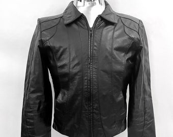 Vintage 80's Black Leather Jacket, Zip Up by Golden State (S)