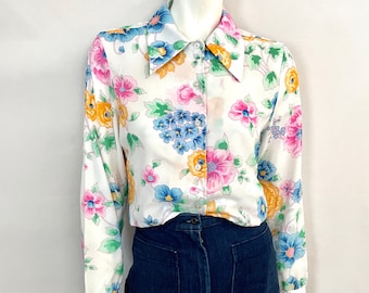 70's Weiß, Floral, Langarm, Disco Bluse (M)