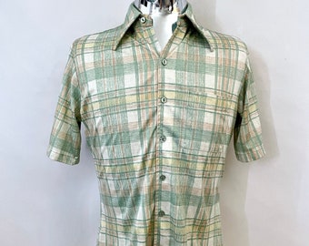 Vintage 70's Joel, Green, Plaid, Short Sleeve, Disco Shirt (M)