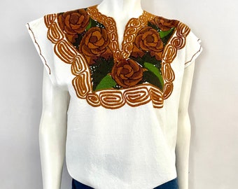 Vintage 70's White, Sleeveless, Sewn Floral, Mexican Top (M)