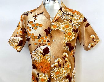 Chemise hawaïenne vintage des années 70 à manches courtes, palmier hawaïen (M)