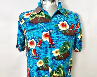 vintage des années 70 K Mart, bleu, floral, chemise hawaïenne (L)