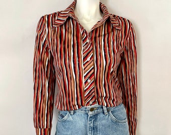 Vintage 70's Red, Tan, Abstract, Striped Blouse (M)
