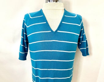 Vintage 60's/70's Mod, Blue, Short Sleeve, Knit Sweater (S)
