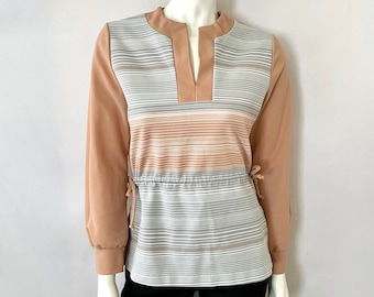 Vintage 70er Braun, Grau, Gestreift, Raglan Ärmel Top (M)