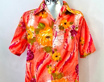 Chemise hawaïenne fluo, orange, florale, vintage des années 60 (L)