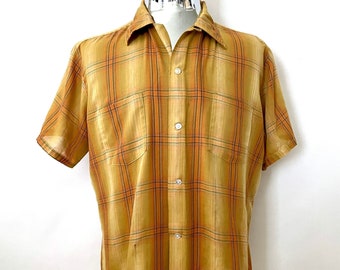 Vintage 50's/60's Mustard Yellow, Plaid, Button Down, Shirt (L)