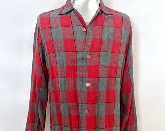 Vintage 50's Red, Gray, Plaid, Long Sleeve Shirt (M)