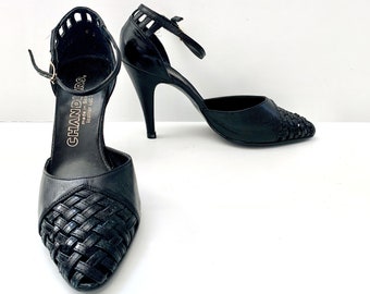 SALE Vintage 80’s Deadstock, Black Leather, Woven Toe, Heels by Chandlers (Size 6 1/2)