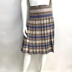 Vintage 70&#39;s White, Blue, Plaid, Pleated, Wool Blend, Skirt (Size 8)