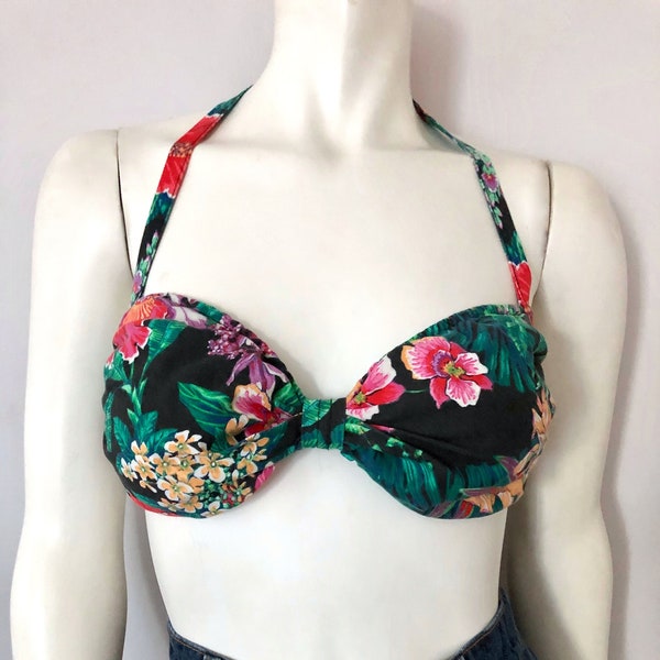 Unique Vintage Summer Floral Molded Cup Tie Back Bikini Top Size XXL
