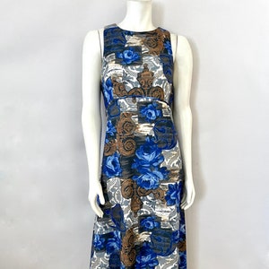 Vintage 70&#39;s White, Blue, Floral, Sleeveless, Maxi Dress (M)