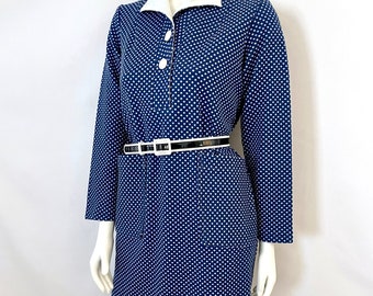 Abito anni '70 blu navy, bianco, a pois, a maniche lunghe (L)