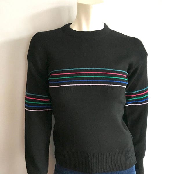 Vintage Women's 80's Wool, Ski Sweater, Black, Striped, Long Sleeve by Ranier (S)