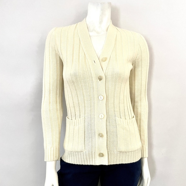 Vintage 70's Off White, Acrylic, Cardigan Sweater (XS)