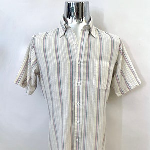 Vintage 80&#39;s Arrow, White, Rainbow, Striped, Short Sleeve, Shirt (M)