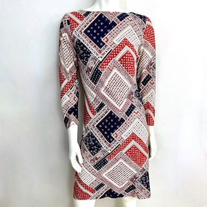 Vintage 60&#39;s Mod, Red, White, Blue, Floral, 3/4 Sleeve, Dress (S)