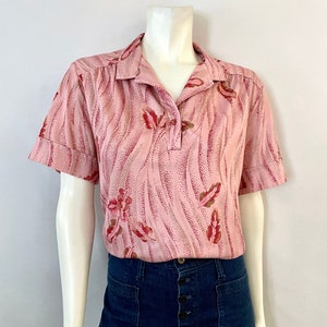 Vintage 70&#39;s Pink, Floral, Short Sleeve, Blouse (XL)