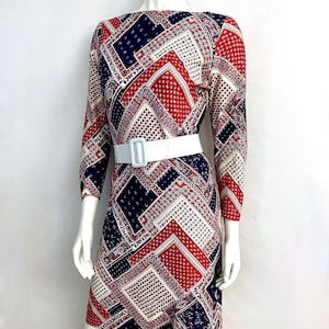 Vintage 60&#39;s Mod, Red, White, Blue, Floral, 3/4 Sleeve, Dress (S)