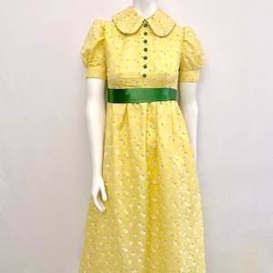 70&#39;s Prairie Dress, Yellow, Green, Short Sleeve, Maxi Dress (Size 2)