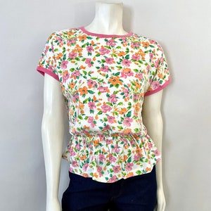 Vintage 80&#39;s White, Pink, Floral, Peplum, Top by Koret (M)