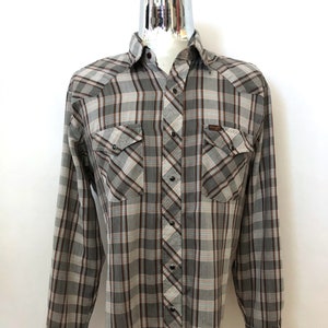 Vintage 80&#39;s Wrangler, Gray, Plaid, Western, Long Sleeve, Shirt (XL)
