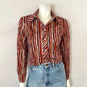 Vintage 70&#39;s Red, Tan, Abstract, Striped Blouse (M)