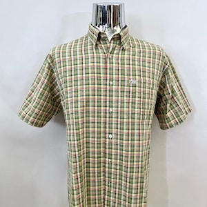 Vintage 80&#39;s Crocodile, Green, Plaid Short Sleeve, Button Down, Shirt (XL)
