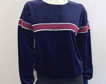 80's Navy Blue, Red, White, Striped, Velour Sweatshirt (M)