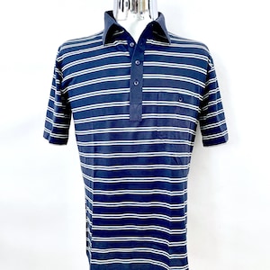 80&#39;s Navy Blue, Striped, Short Sleeve, Polo Shirt (L)