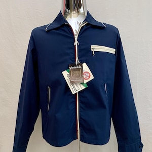 May include: Navy blue jacket with a white zipper, collar trim, and pocket detail. The jacket has a full zipper closure and a small pocket on the chest. A tag with the brand name "Vanderbilt" is attached.