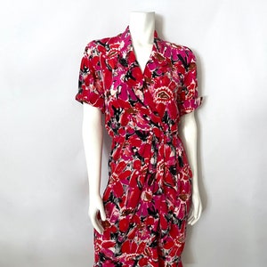 Vintage jaren 80 St. Gillian, rood, roze bloemen, zijden wikkeljurk (S)