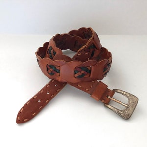 Vintage jaren 80 geweven, bruin, rood, groen, leer, riem (34)