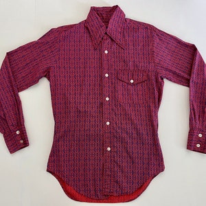 Vintage 60&#39;s Red, Blue, Geometric, Long Sleeve, Shirt (S)