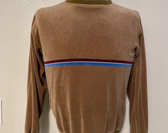 90's Tan Velour, Striped, Long Sleeve, Pull Over (M)