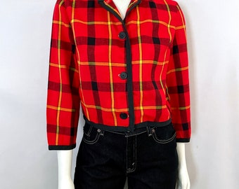 60's Red, Plaid, 3/4 Sleeve, Cropped Jacket (M)