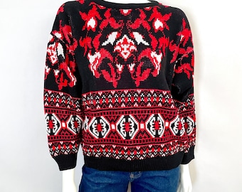 80's Red, Black, Geometric, Sweater (L)