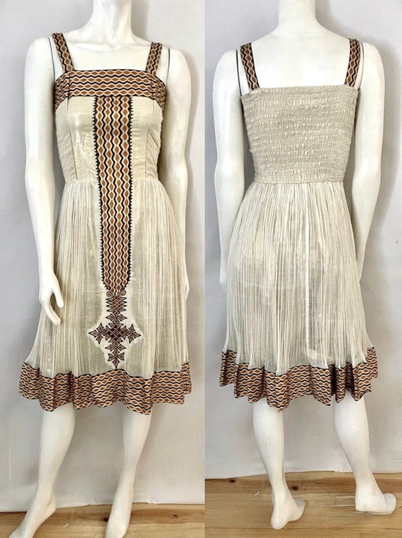 Vintage 60's Greek Cream Gold Embroidered Dress (X