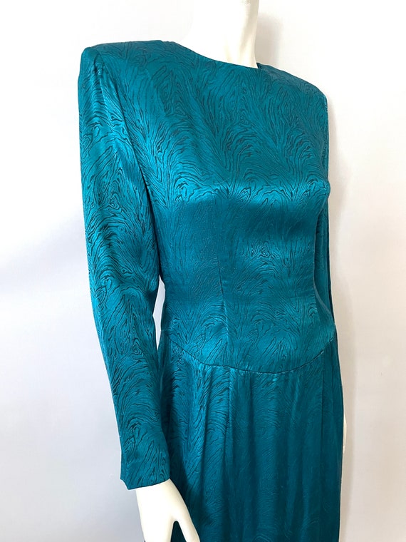 Vintage 80's Teal, Floral Jacquard Dress (Size 6) - image 3