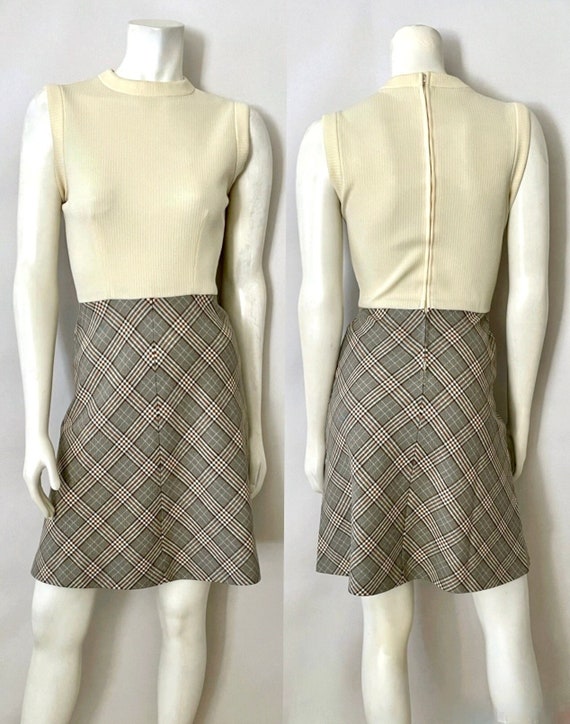 Vintage 60's Mod, Cream, Plaid Dress (S)