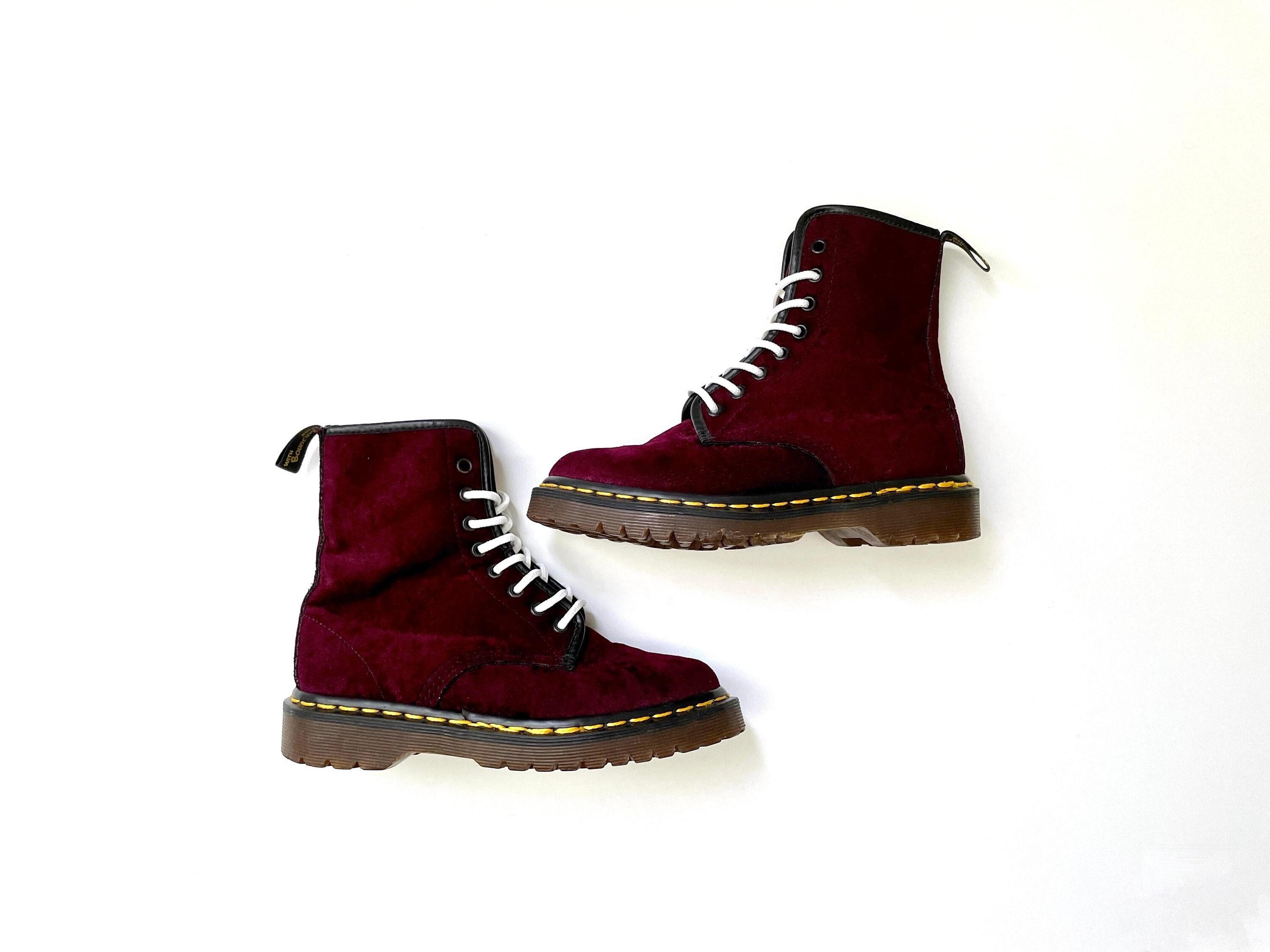 Dr. Doc Martens Boots Women\'s Juniors Size US 5 UK 3 Burgundy Velvet Punk Dr Martens Vintage 90s Made in England Rub Off Cherry  main image 3