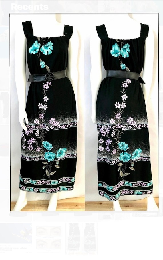 Vintage 70's Black Floral Hawaiian Maxi Dress (L)