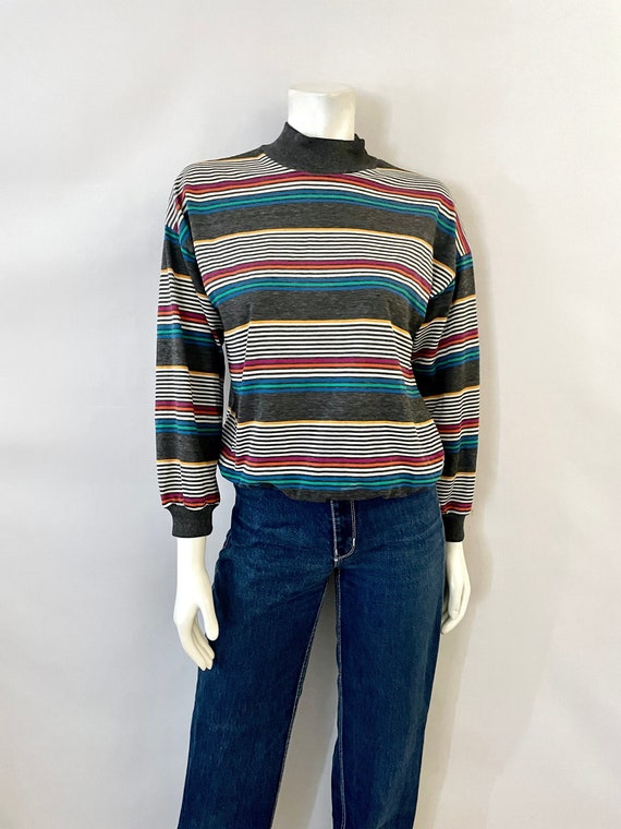 Vintage 80's Gray, Striped, Long Sleeve, T Shirt (