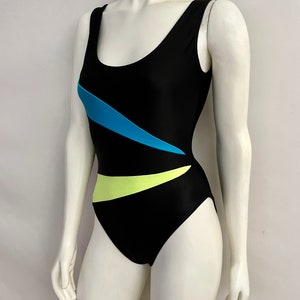 Vintage 80&#39;s Black, Neon, Striped, One Piece, Swimsuit (S)