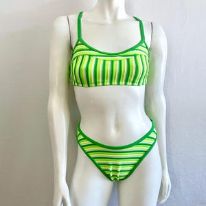 80&#39;s Jantzen, Neon Green Striped, Bikini, Two Piece (Size 6)