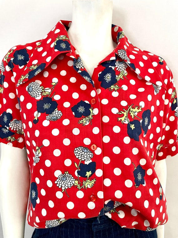 Vintage 70's Red, Polka Dot, Floral, Short Sleeve… - image 4