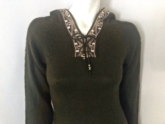 Vintage 70's Army Green, Alpaca, Hooded, Fringe S… - image 4