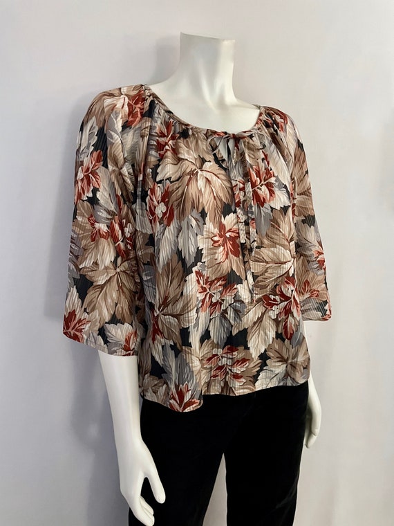 Vintage 70's Tan, Gray, Leaf, 3/4 Sleeve, Blouse … - image 2