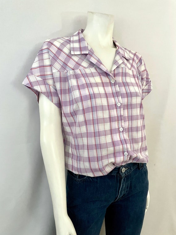 Vintage 80's White, Purple, Plaid, Cap Sleeve, Bl… - image 3