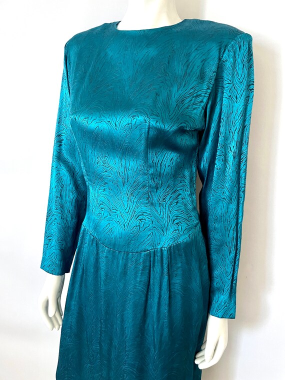 Vintage 80's Teal, Floral Jacquard Dress (Size 6) - image 7